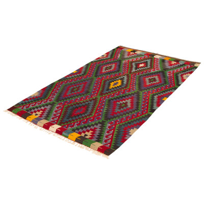 Tapis rouge / vert / brun en laine tissé à plat à la main à motif géométrique Edwardsport