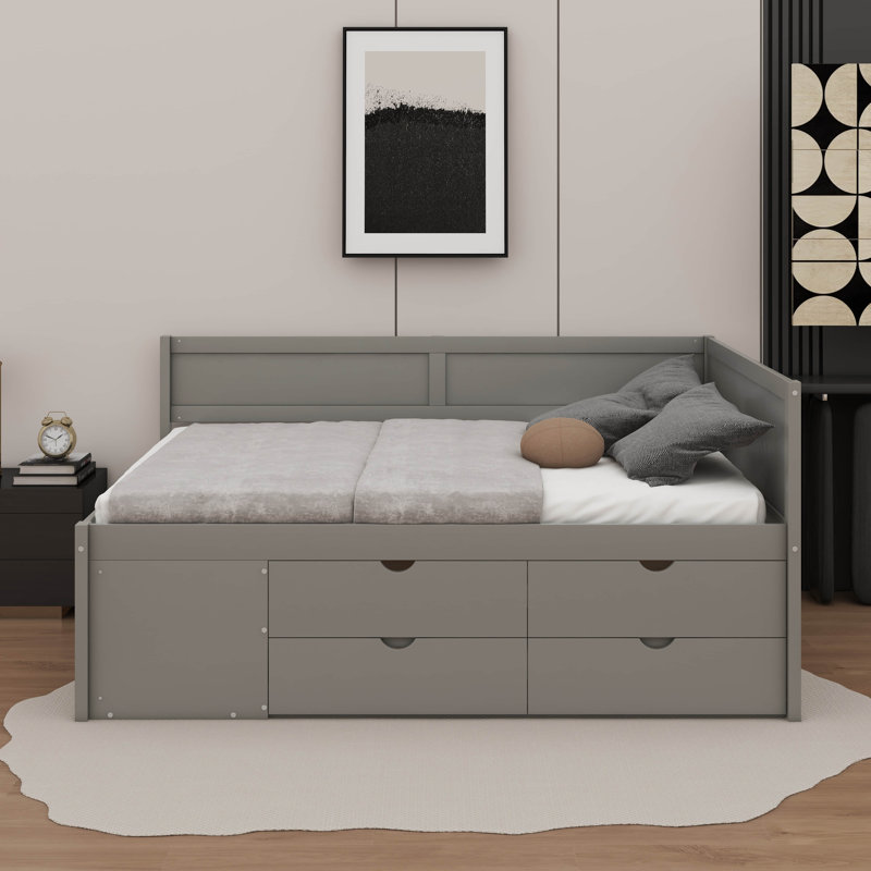 Lit de jour double avec tiroirs et tablettes, Gris, Lit double