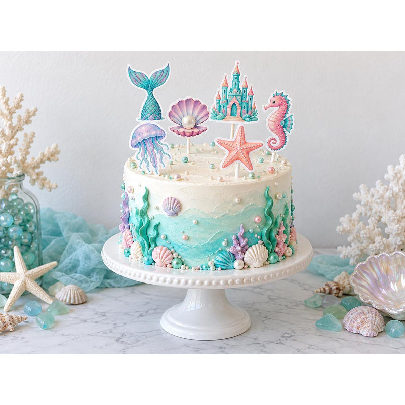 Mermaid Birthday Cake Decorations, Pearl Shell Ocean Toppers, Underwater Palace Picks