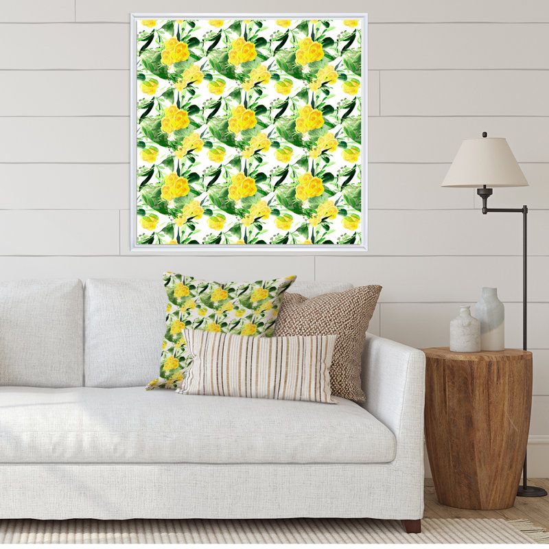 Fleurs jaunes en fleurs - Impression sur toile, Cadre flottant blanc, H 30 po x l 30 po