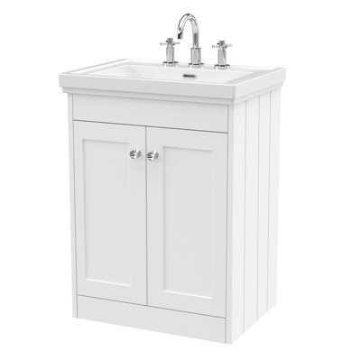 Old London Ashwick Satin White 600mm Floorstanding 2-Door Unit With Basin 3 Tap Hole