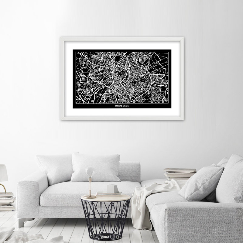 Map of Brussels 1 Piece Single Picture Frame Wall Art, 30cm H x 45cm W, White