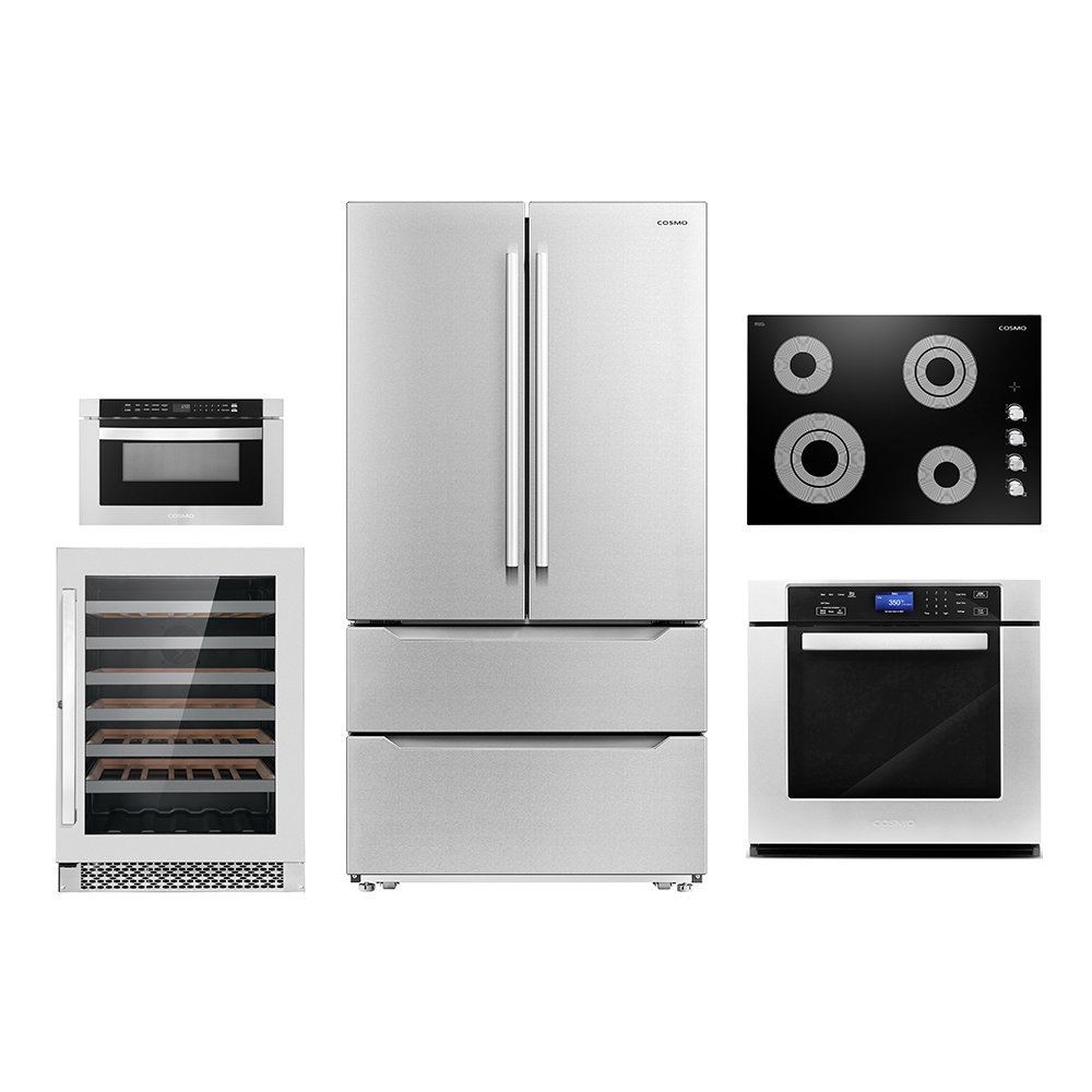 Cosmo 5 Piece Kitchen Appliance Package with French Door Refrigerator , 30'' Electric Cooktop , Wall Oven , Microwave Drawer , and Wine Refrigerator Cosmo