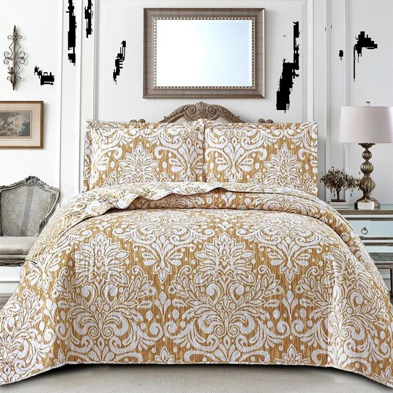 Cammeron Polyester Floral Bedspread with Pillowcases, Gold, Super King