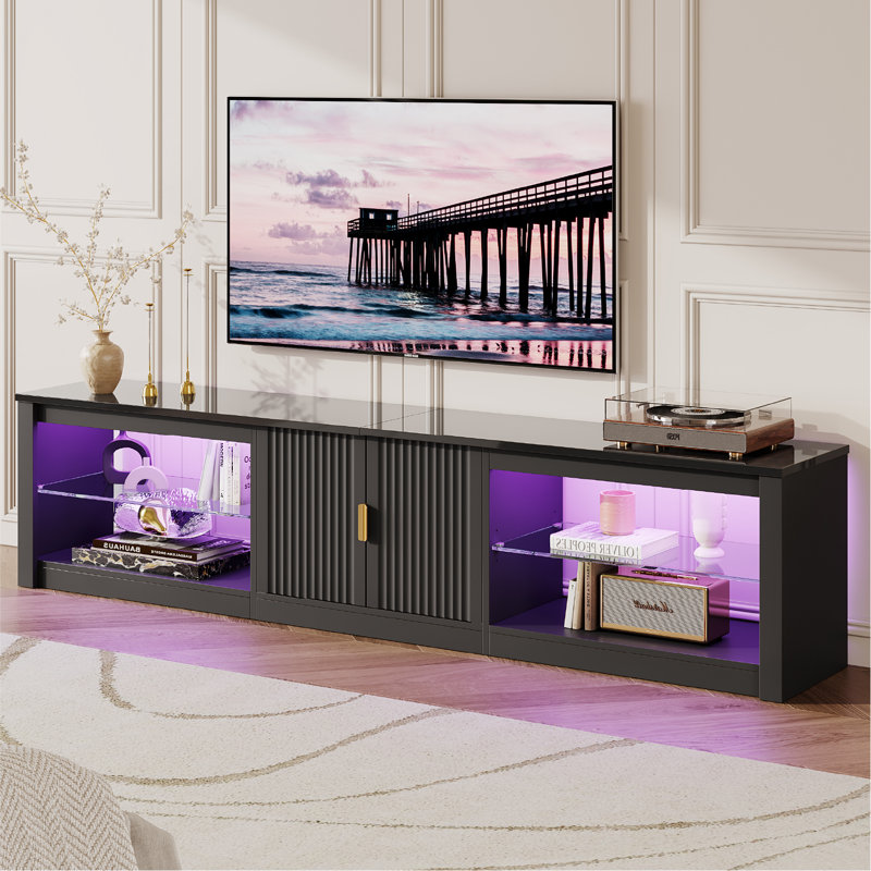 Kruszewski 80" Modern Fluted TV Stand with Adjustable Shelf, LED Media Console for 85 Inch TV, Glossy TV Console with Cabinet