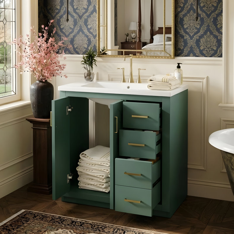 Meuble-lavabo de salle de bain avec lavabo en céramique, Vert, 30