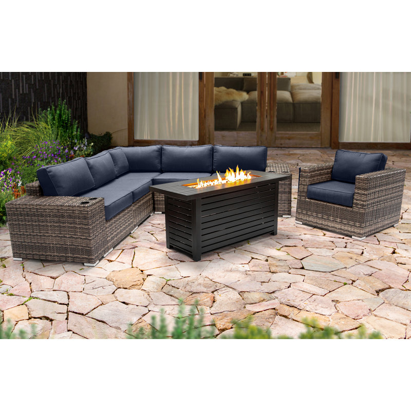 Ensemble de conversation Lsi pour 4 personnes avec foyer et coussins Sunbrella, Bleu marine Sunbrella