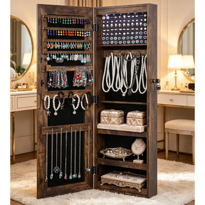 Armoire à bijoux pleine grandeur à miroir avec lumières DEL, armoire à bijoux murale ou suspendue au-dessus de la porte, rangement pour bijoux verrouillable avec miroir en verre, brun rétro