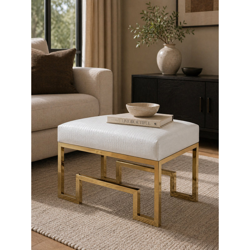 Pangea Home Upholstered Declan Laurence Stainless Steel Vanity Stool - Modern Upholstered Metal Accent Stool – Contemporary Decorative Stool for Living Room, Office, or Bedroom - White Faux Leather Stool with Gold Legs