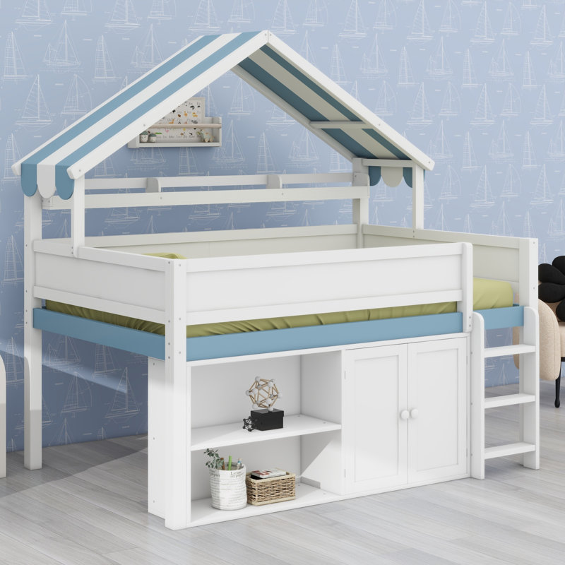 Lit mezzanine à baldaquin avec armoire de rangement et conception fonctionnelle, Blanc et bleu