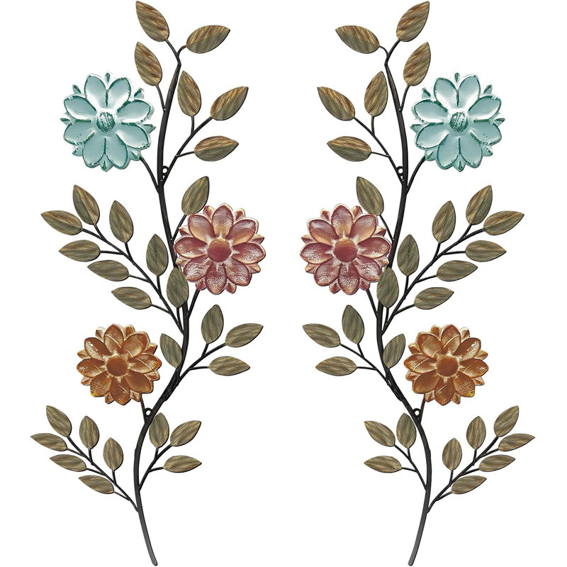 2 pièces de feuilles de fleurs en métal, art mural, printemps, décoration murale, 15,75 pouces, branche rustique, feuille, fer forgé, art décoratif