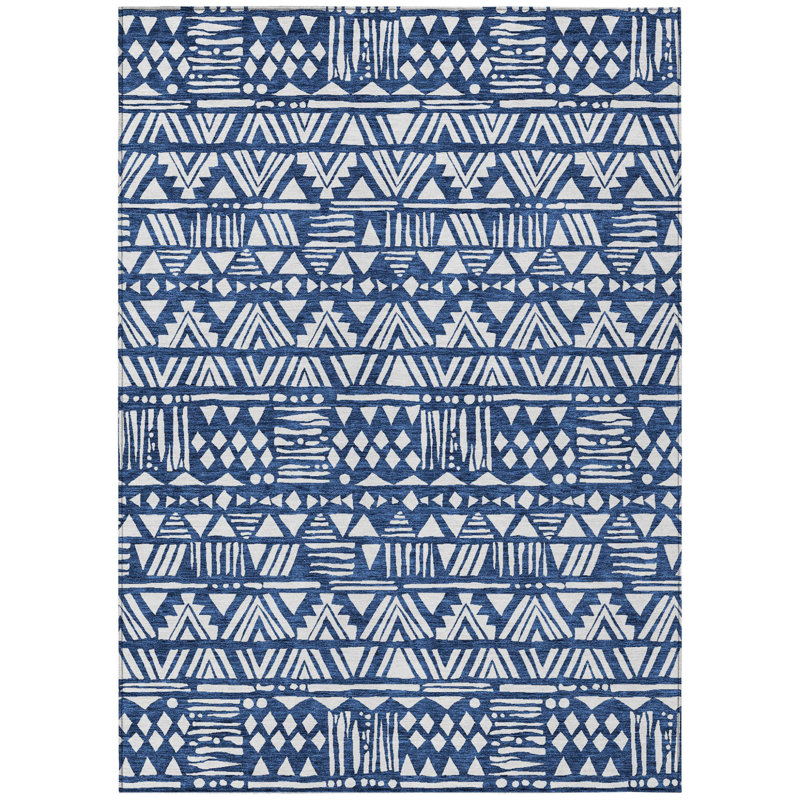 3' X 5' Navy Blue And Ivory Southwestern Washable Indoor Outdoor Area Rug