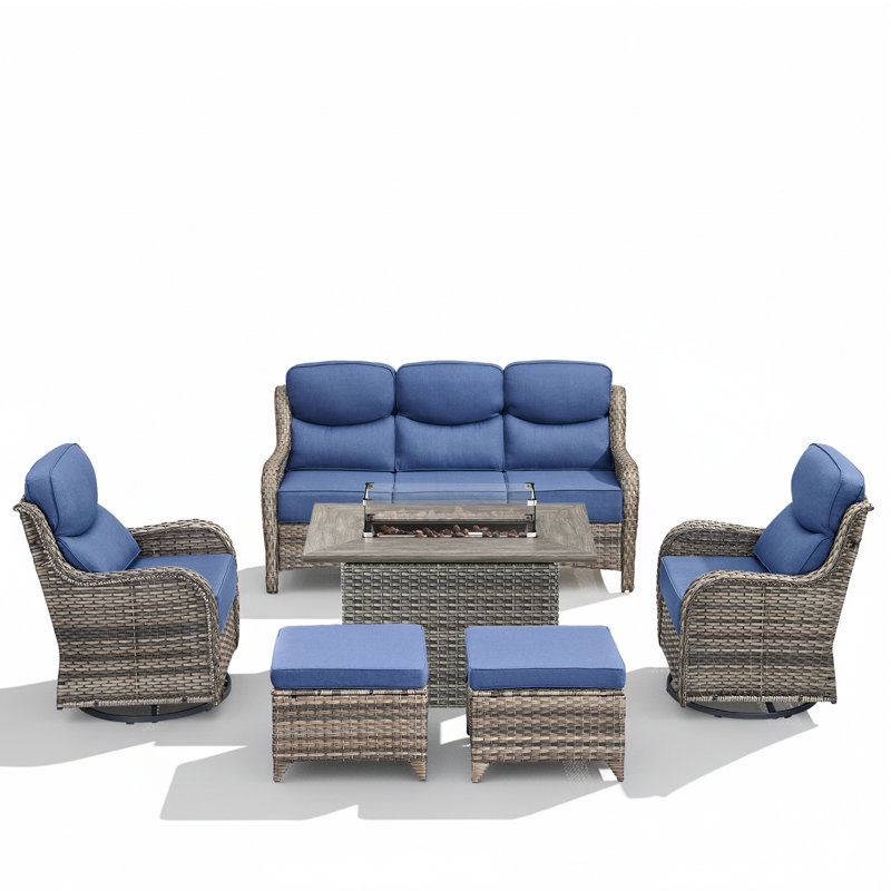 6-Piece Outdoor Wicker Sofa Conversation Set With Swivel Rockers And Fire Pit, Gray, Blue