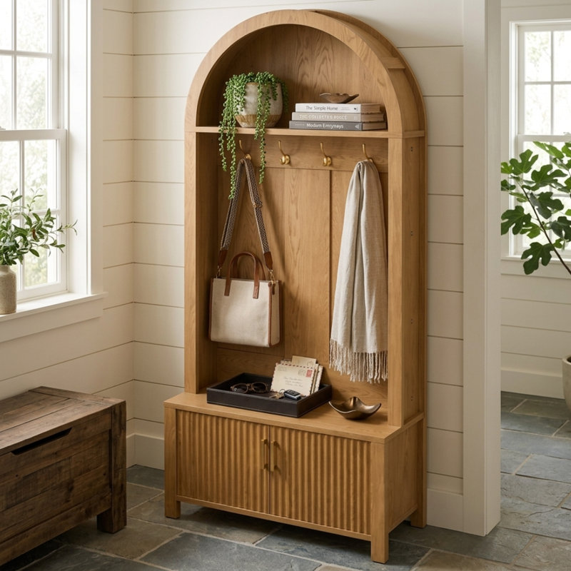 Portemanteau arqué avec banc de rangement, organisateur de hall d'entrée de ferme équipé de crochets en métal, armoire à porte rainurée et range-chaussures pour vestibule d'intérieur