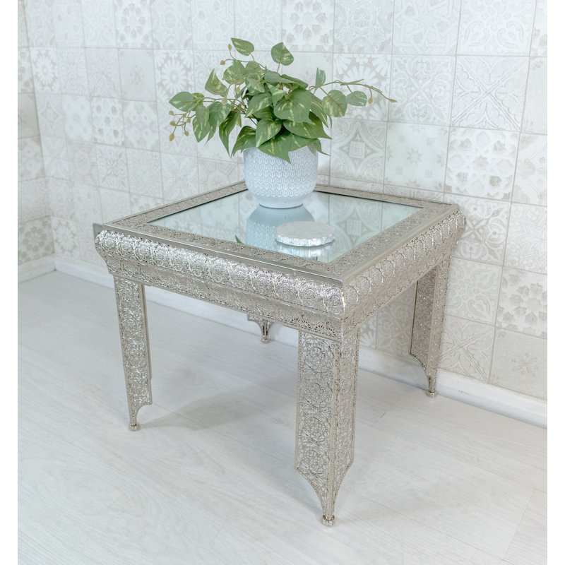 Carlyse Embossed Metal & Glass Moroccan Style Side Table , Silver