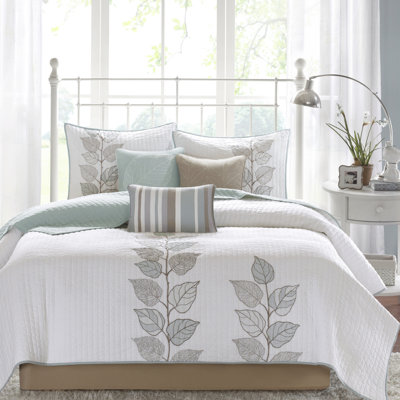 Couette brodée 6 pièces King/King, bleue et blanche, réversible en microfibre, dos doux, broderie classique de feuilles en microfibre blanche, réversible avec