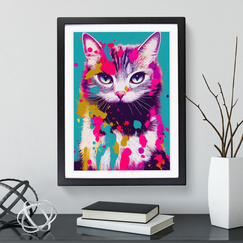 Cat Splashed In No.2 - Single Picture Frame Painting, 64cm H x 46cm W x 2cm D, Black