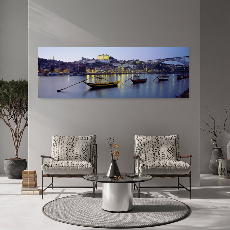 Bateaux dans une rivière, rivière Douro, Porto, Portugal, architecture contemporaine, art mural, H 20 po x l 60 po