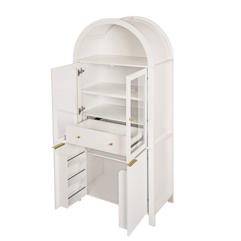 71" Fluted Tall Arched Pantry Cabinet With Adjustable Shelves, Elegant Display Storage With Hidden Drawer & Glass Door For Kitchen, Living Room, Dining Room, White