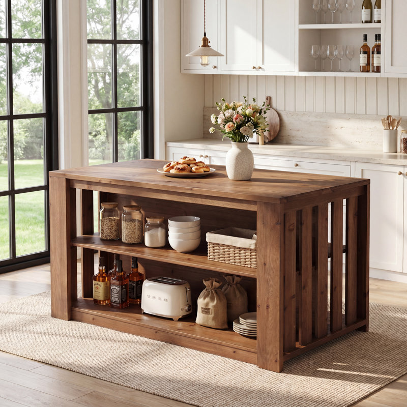 Îlot de cuisine en bois massif de 55,1 po avec espace de rangement et de sièges, table de préparation de cuisine de ferme avec grand plan de travail et lattes latérales