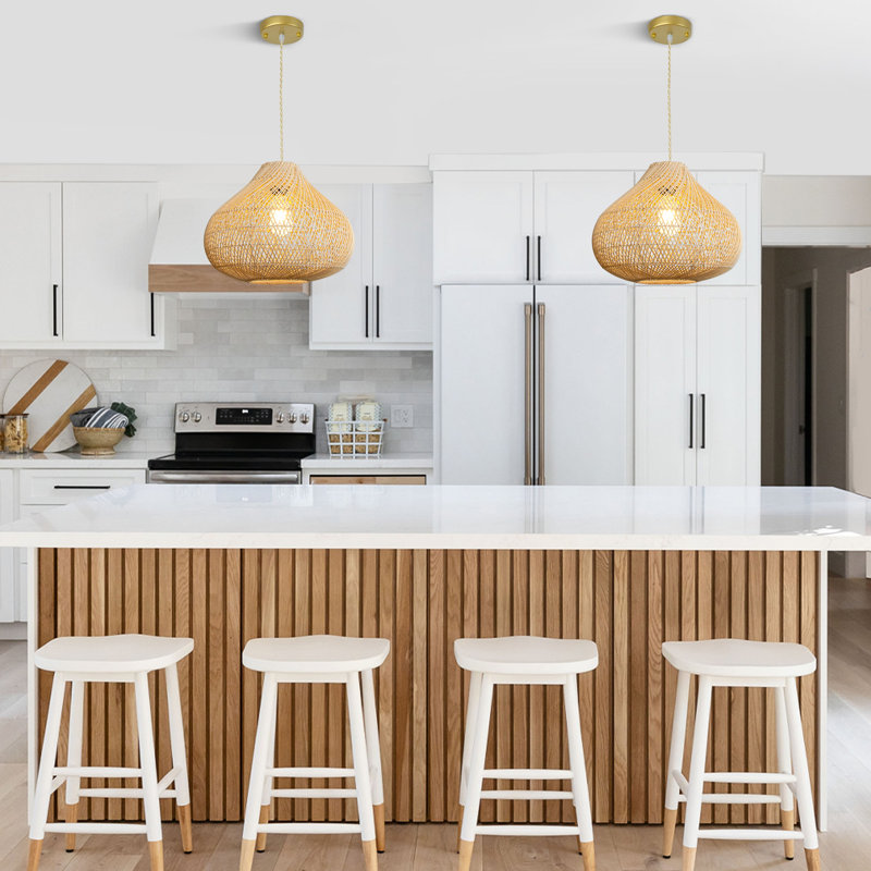 Hyuk 1 - Light Unique/Statement Pendant Rattan Boho 15.74'' Large Kitchen Island Wicker Chandelier Hand Woven Farmhouse Fixture for Dining Room Foyer Entryway Bedroom Hallway