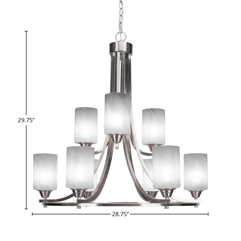 9-Light Chandelier, Brushed Nickel, White