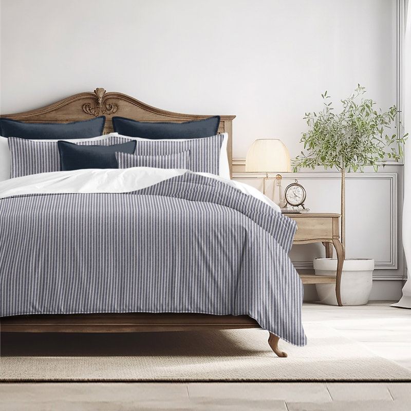 Walker Ticking Stripe Indigo/Ivory Cotton Coverlet Set, Full Coverlet / Bedspread + 2 Standard Shams