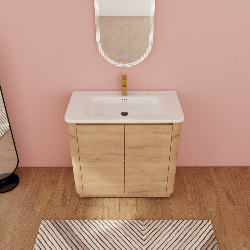Meuble-lavabo en bois 36 po avec lavabo en céramique, portes à fermeture douce, espace de rangement généreux, conception moderne en arc et finition de haute qualité