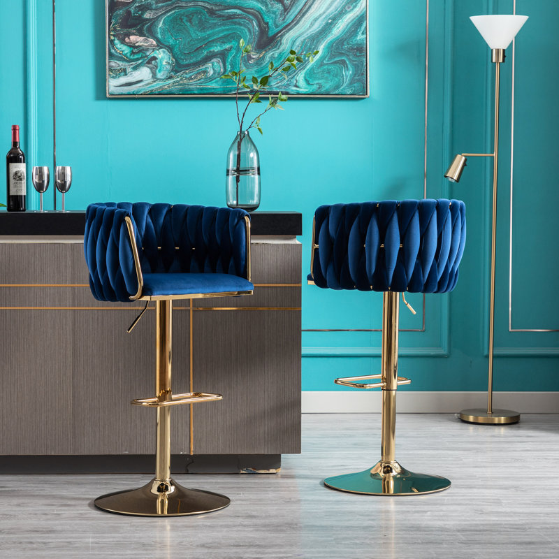 Tabourets de bar 2, velours bleu marine, pieds dorés, repose-pieds et base, fonction de hauteur réglable 2 avec pivot, réglable et base