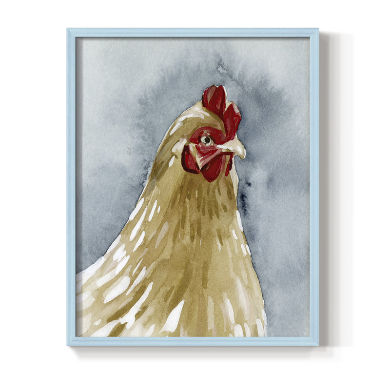 Portrait de poulet II, reproduction encadrée - bois massif, Bleu, H 10 po x l 8 po