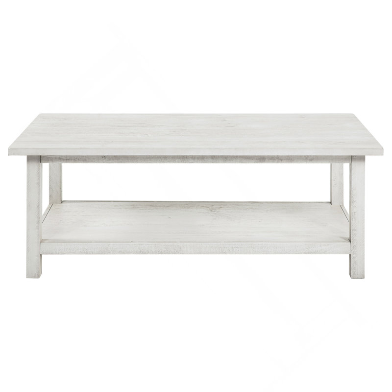Farmhouse Distressed White Coffee Table Solid Wood Frame with Storage Shelf for Living Room