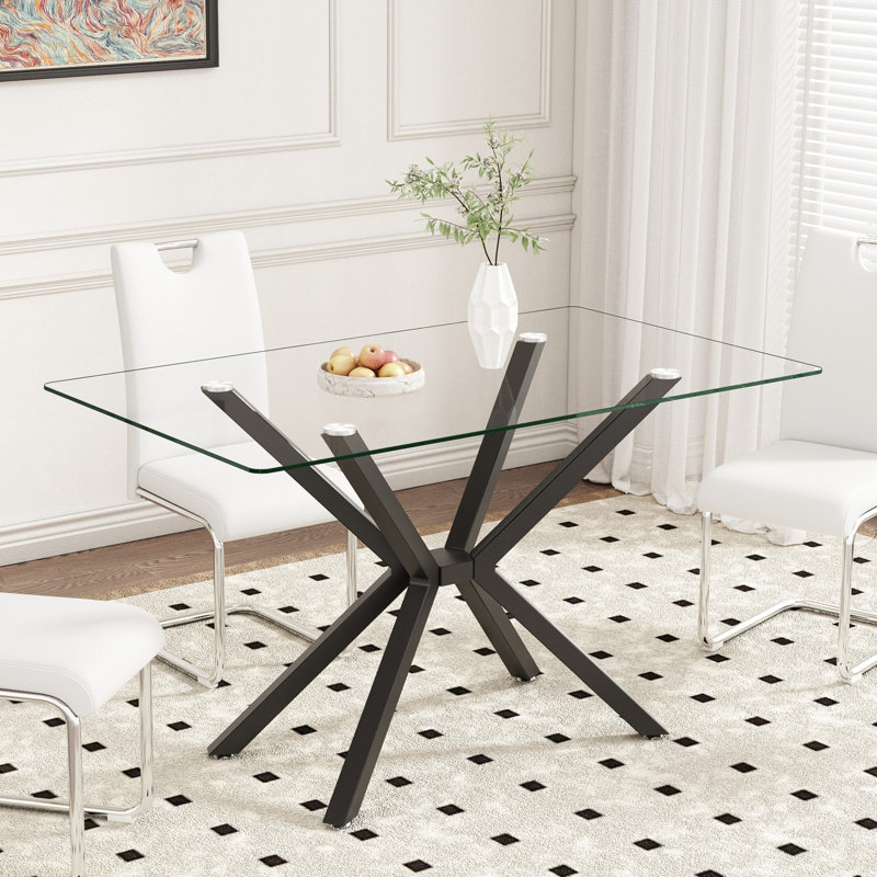 47.24" Rectangular Tempered Glass Dining Table With Metal Legs, Black