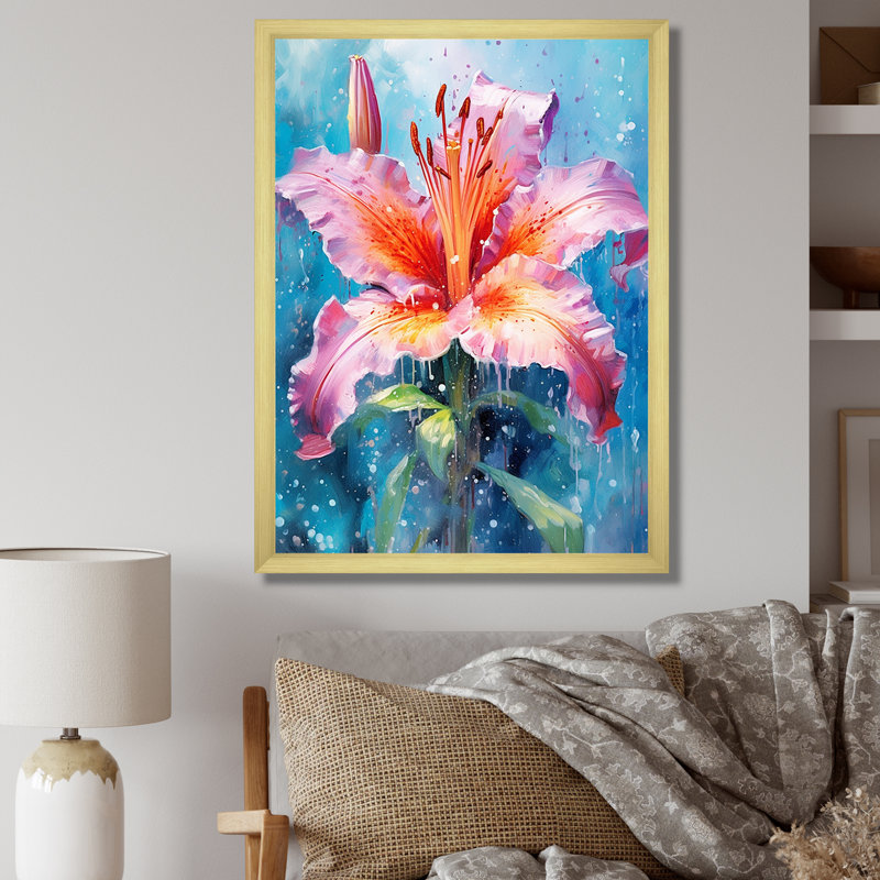 Aquarelle, fleur de lys corail, tranquillité sur toile, Cadre doré simple, H 32 po x l 16 po x P 1 po