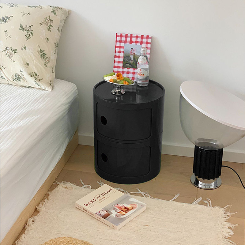2-Shelf Round Side Table with Storage, Black