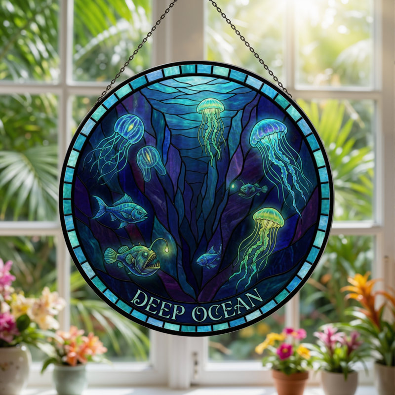 7.8"H Deep Ocean Stained Glass Window Panel, 7.8" H x 7.8" W
