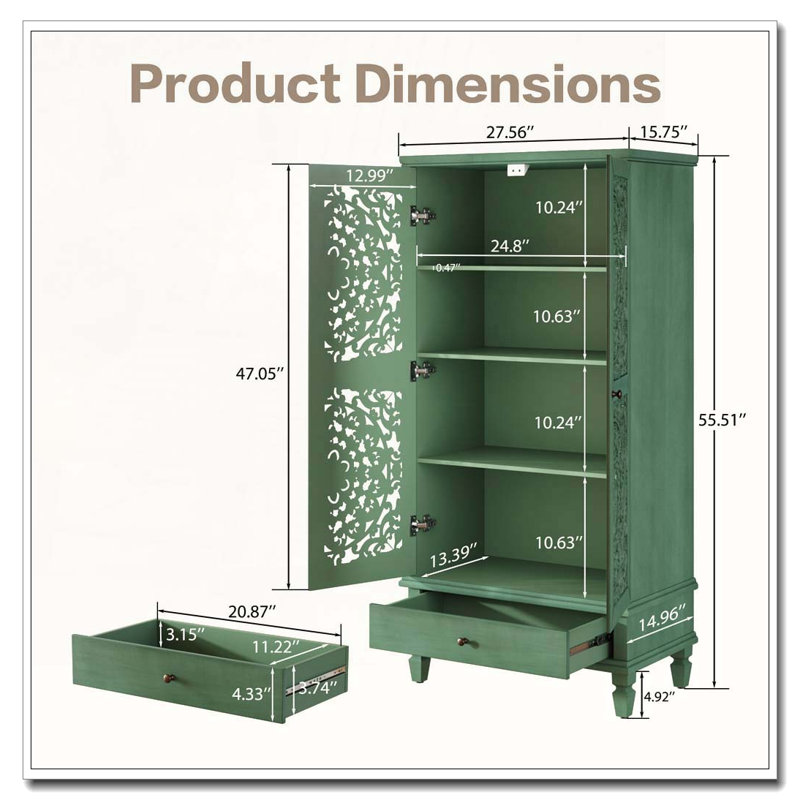 55'' Tall Storage Cabinet with Drawer, Antique Green