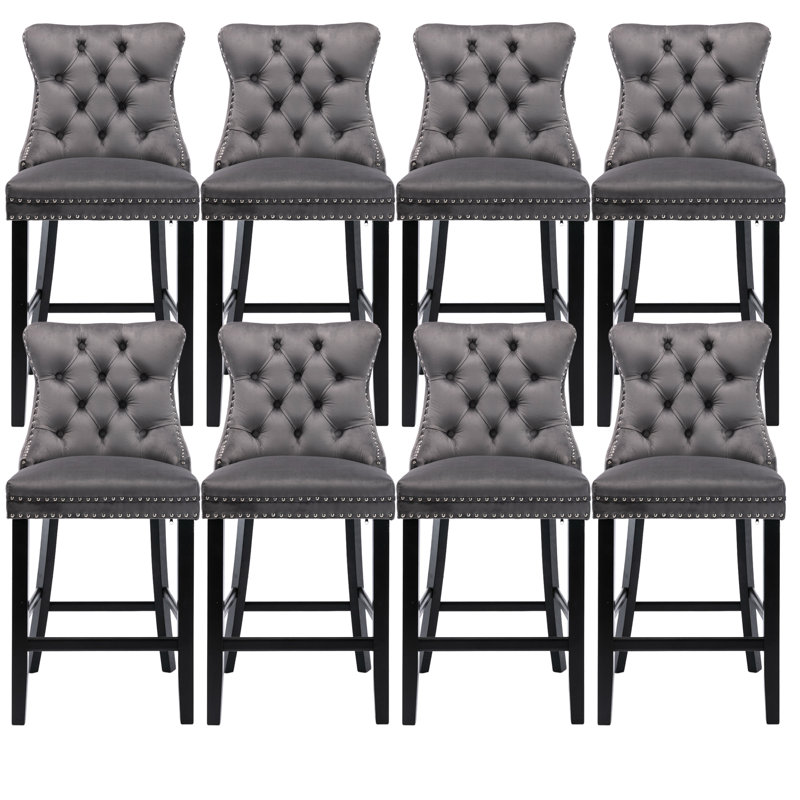 Contemporary Counter Height Velvet Bar Stools (Set of 8), Gris