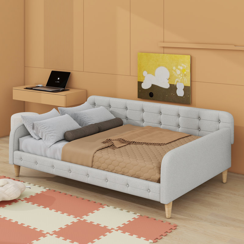 Lit de jour rembourré avec pieds, Beige, Double