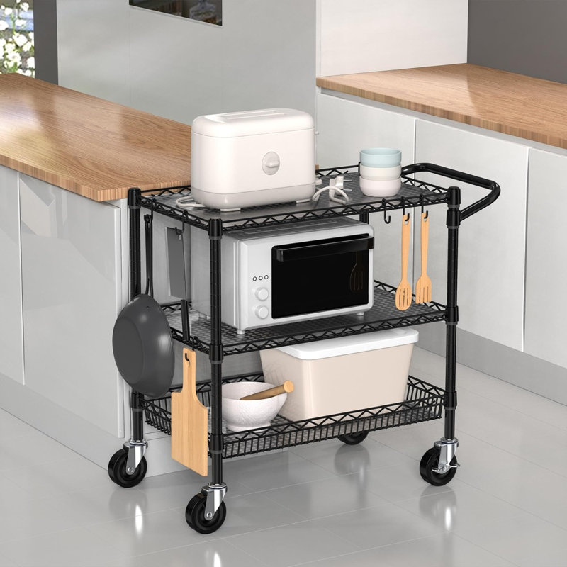 3-Tier Commercial-Grade Heavy-Duty Metal Rolling Cart — Storage Cart with Handle and Shelf Liners