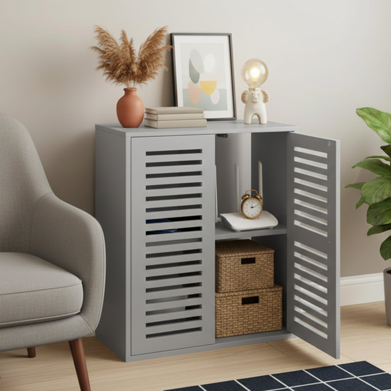 27" Wide Wifi Router Storage Cabinet And Cable Management Box - Walnut, Gray