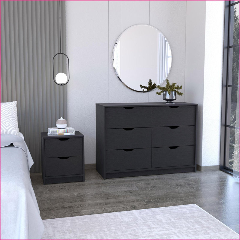 Ensemble de chambre à coucher 2 pièces, table de chevet + commode double, noir | Panneau de particules | Commodes doubles