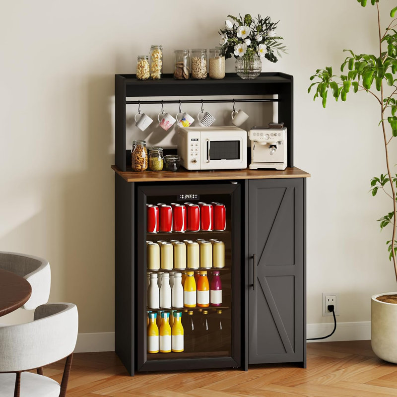 Mini armoire de réfrigérateur avec espace de rangement, armoire à café, support à micro-ondes avec prise, tablette réglable et dispositif anti-basculement, convenant à la cuisine, à la salle à manger et au bureau