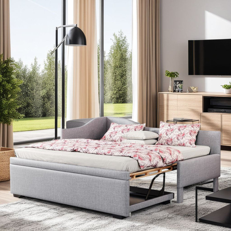 Convertible Daybed with Trundle - Twin to King Size, Linen Upholstery, No Box Spring?, Gray