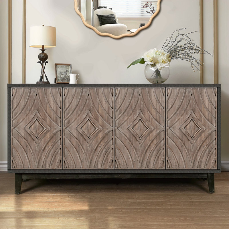 Buffet Mid-Century Buffet avec pieds en bois massif 60 po Armoire de rangement crédence avec 4 portes en losange à motif convexe et 2 tablettes console pour salon, etc.