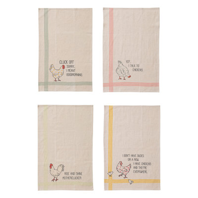 Cotton And Linen Printed Tea Towel Set With Chicken And Saying Motif