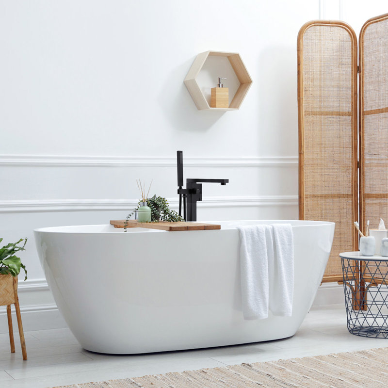 WOWOW Brass Freestanding Floor‑Mount Bathtub Faucet with Hand Shower, Matte Black