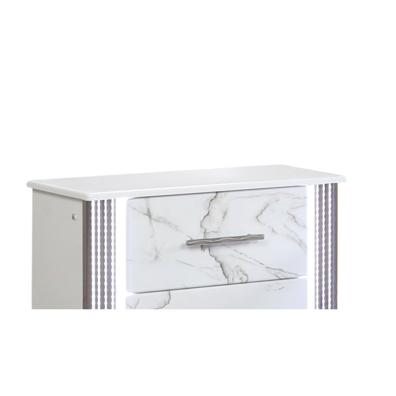 Table de chevet Desire - Façades de tiroirs d'inspiration marbre, éclairage latéral à DEL et garniture métallique pour un rangement de chevet glamour et pratique