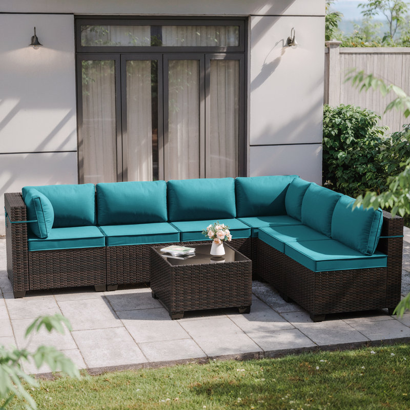 Canapé modulaire en osier 7 pièces en forme de L 7 pièces avec coussin, Vert