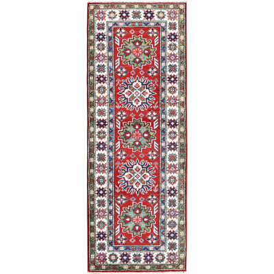 2'1"x6' Berry Red, Kazak with Tribal Medallions Design, Hand Knotted, Soft and Shiny Wool, Denser Weave, Vegetable Dyes, Narrow Runner, Oriental Rug