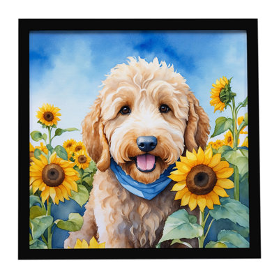 Goldendoodle in Sunflowers Framed Metal Print